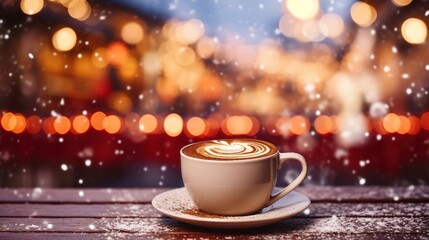 Steaming hot caramel latte in a mug on a wooden table, christmas mood. Design ai