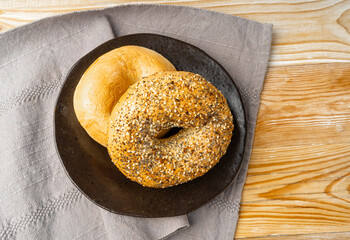 Bagel, Round Bread Bun, Wheat Bakery with Grains And Seeds for Breakfast, Plain Circle Bagel Bread