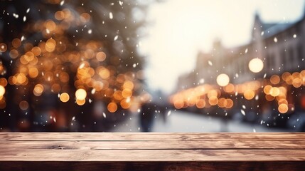 Empty wooden table top with defocused bokeh Christmas Fair lights background. Template for product display. Design ai