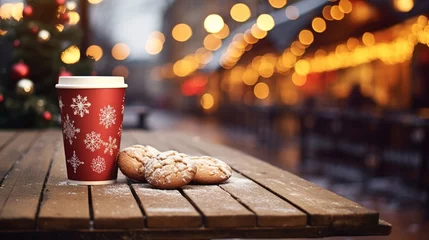  Merry Christmas and happy holidays, a cup of hot drink and cookies on the background of the lights of the Christmas market. AI design © Irina Sharnina