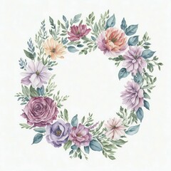 A watercolor wreath with flowers and leaves on white background