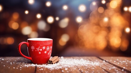Obraz na płótnie Canvas Christmas drink. A cup of hot chocolate on an empty table against the background of street festive lights. Design ai