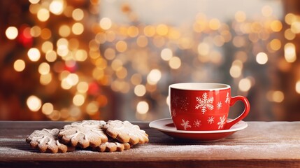 Merry Christmas and happy holidays, a cup of hot drink and cookies on the background of the lights of the Christmas market. AI design