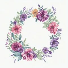 Tuinposter A watercolor wreath with flowers and leaves on white background © Ipixeler