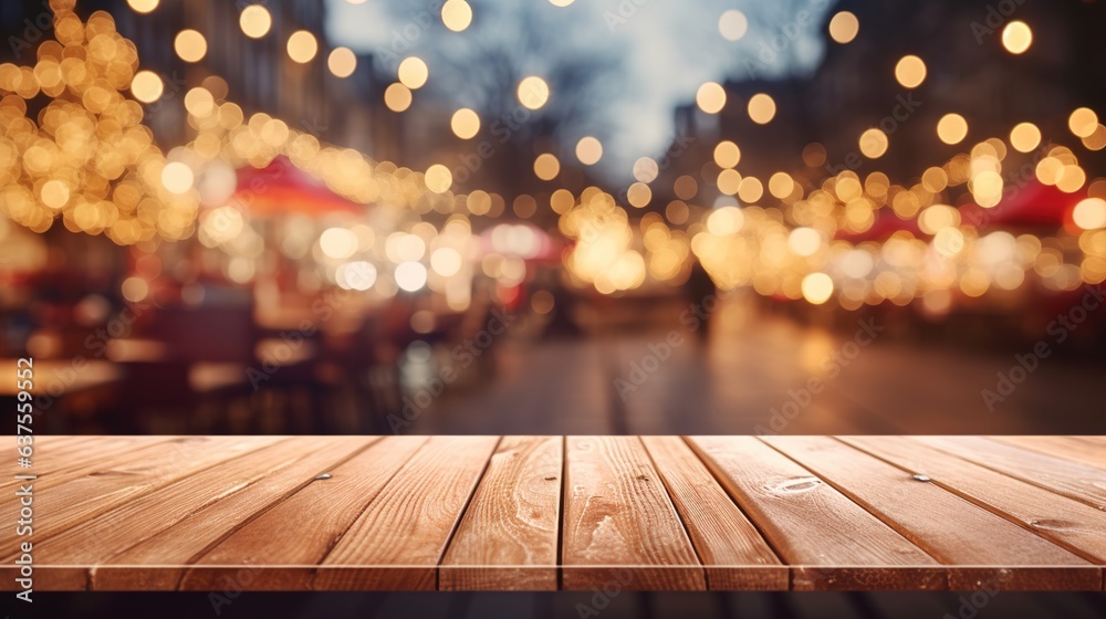 Wall mural empty wooden table top with defocused bokeh christmas fair lights background. template for product d