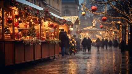 Obraz premium Christmas market at night street and holiday lights. Christmas shopping. Design ai