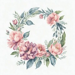 A watercolor wreath with flowers and leaves on white background