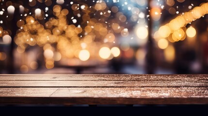 Empty wooden table top with defocused bokeh Christmas Fair lights background. Template for product display. Design ai