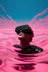 Futuristic minimal cyber neon portrait of young man wearing VR glasses, life in virtual reality. Technological progress and the use of artificial intelligence.