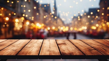 Empty wooden table top with defocused bokeh Christmas Fair lights background. Template for product...