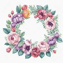 Wandcirkels tuinposter A watercolor wreath with flowers and leaves on white background © Ipixeler