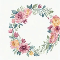 Foto op Canvas A watercolor wreath with flowers and leaves on white background © Ipixeler