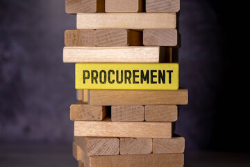 On a bright red background, a light wooden curly card with the text PROCUREMENT