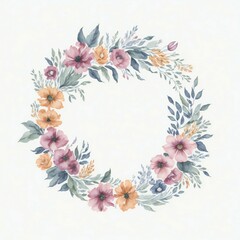 Fototapeta na wymiar A watercolor wreath with flowers and leaves on white background