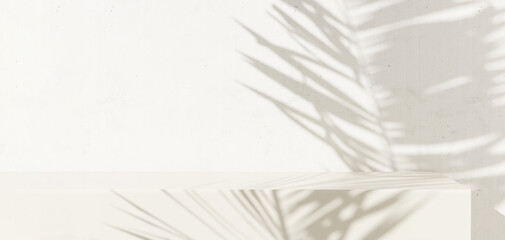 Blank minimal white counter podium, soft beautiful dappled sunlight, tropical palm foliage leaf shadow on wall for luxury hygiene organic cosmetic, skincare, beauty treatment product background 3D