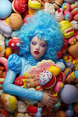 Fototapeta na wymiar Abstract colorful portrait of a young beautiful girl with a pile of unhealthy tasty food, sweet glazed dessert, delicious donuts. Candy factory.