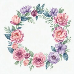 A watercolor wreath with flowers and leaves on white background