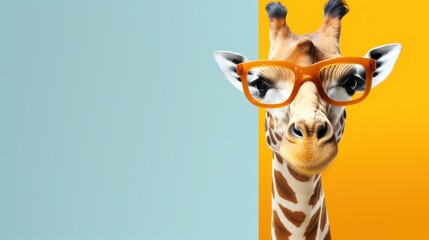 Giraffe wearing glasses on a solid color background