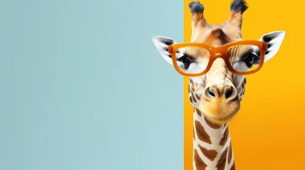 Foto auf Acrylglas Antireflex Giraffe wearing glasses on a solid color background © olegganko