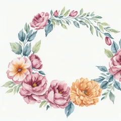 Fotobehang A watercolor wreath with flowers and leaves on white background © Ipixeler