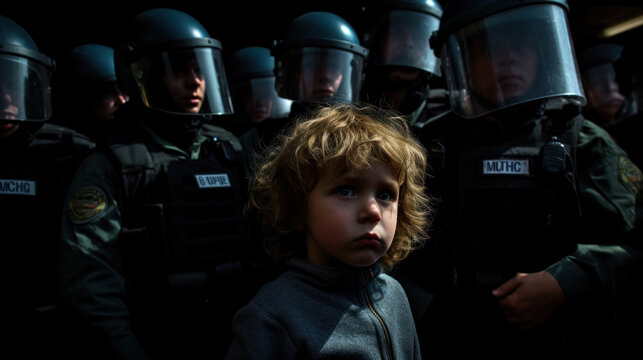 Sad kid with people in police uniform. The situation in country with a totalitarian regime, child without parents