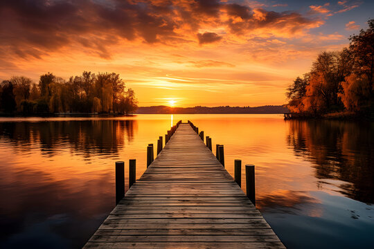 Fototapeta pier jetty golden hour sunset on lake, trees in background landscape 