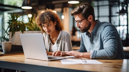 Two employees using laptop looking at business documents working in office. Busy professional team two colleagues discussing marketing project plan sharing ideas at workplace. Generative AI