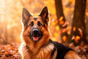 German shepherd in autumn forest on a sunny day