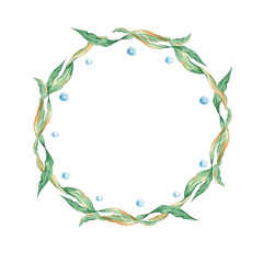 Floral sea wreath, seaweeds and water bubbles birthday card. Marine design. Watercolor hand drawn  isolated on white background. For cards, logos, marine design.