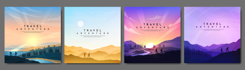 Vector landscapes set. Travel concept of discovering, exploring and observing nature. Hiking. Adventure tourism. People climbing to the top and going hike. Design elements for social media, card