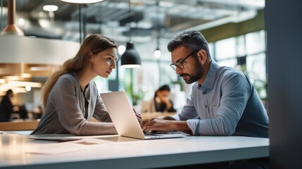 Two employees using laptop looking at business documents working in office. Busy professional team two colleagues discussing marketing project plan sharing ideas at workplace. Generative AI