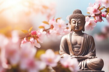 beautiful cherry blossoms around the buddha statue