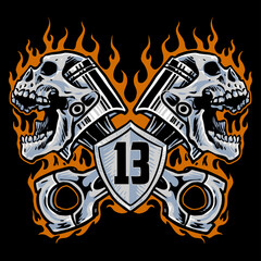 logo badges of skull piston motorcycle with burning flame illustration
