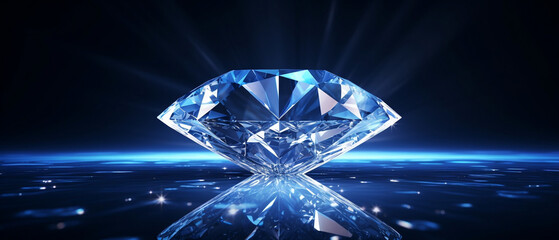 Piękny błyszczący diament na niebieskim, granatowym tle z odbiciem