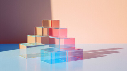 Abstract stylish furniture made of reflective plastic materials, colors that change with viewing or illumination geometry, futuristic purple, pink and blue. Iridescent concept.