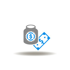 Vector illustration of glass jar and money cash. Symbol of retirement. Icon of money box and investments.