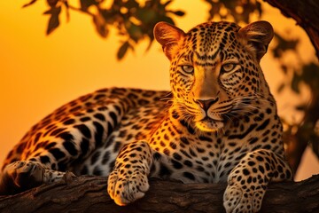 Beautiful leopard resting on top of a tree in Africa