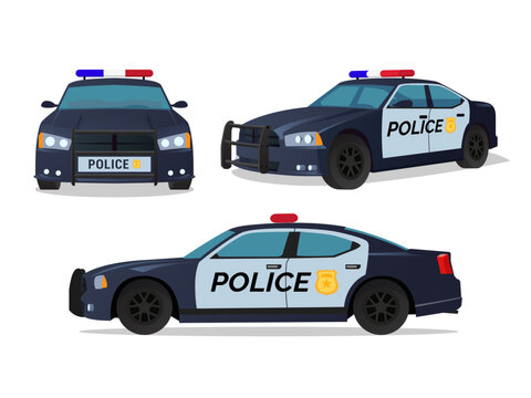 Police Car Vector Illustration on White Background Front, Side, View