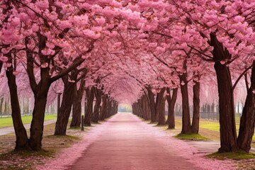 beautiful pink flowering cherry tree way