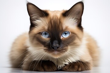 Portrait of siamese cat with blue eyes on white background