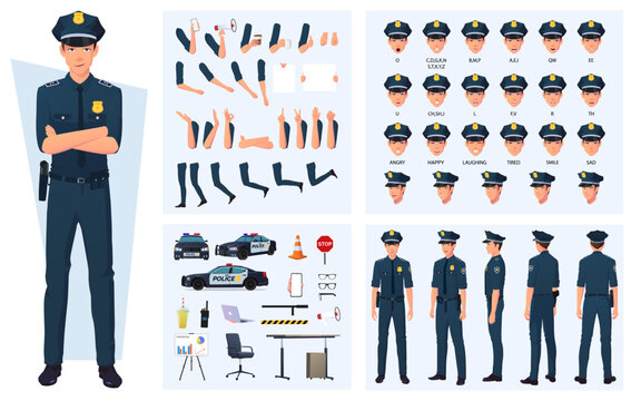 Policeman Character Creation with Gestures, Facial Expressions, Different Poses, Police Car and Various elements