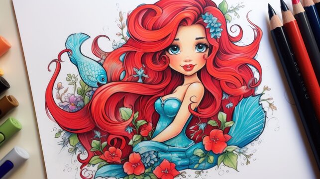 A drawing of a mermaid with red hair
