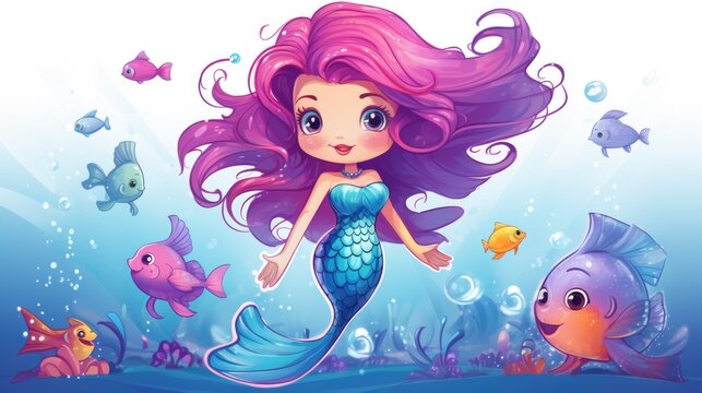A cartoon mermaid with pink hair surrounded by fish