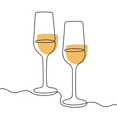 Champagne glasses continuous line vector illustration