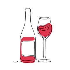 Red wine bottle and glass continuous line colourful vector illustration