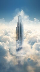 A tall building in the middle of a cloud filled sky
