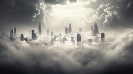 A black and white photo of a city in the clouds