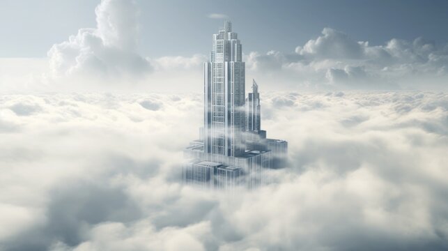 A tall building in the middle of a cloud filled sky