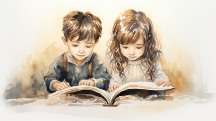 A painting of two children reading a book
