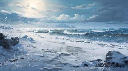 Obraz premium A painting of a snowy beach with a city in the background